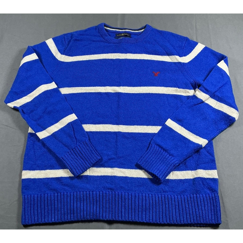 American Eagle Mens XL Blue White Striped Wool Blend Crewneck Sweater Vintage